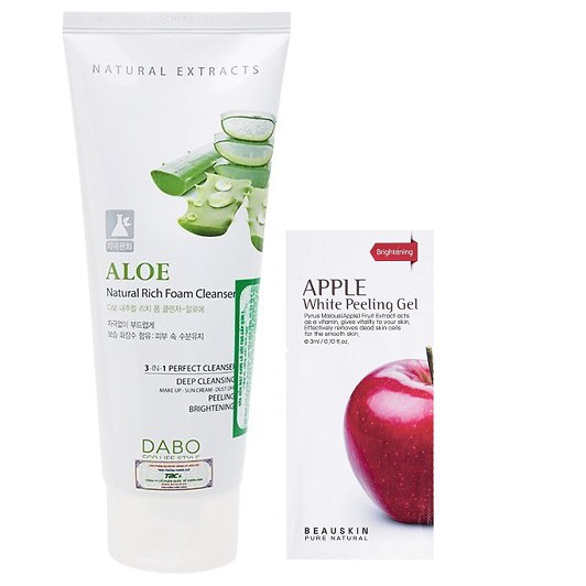 Sữa rửa mặt lô hội dưỡng ẩm Dabo Aloe 3IN1 Hàn quốc 180ml/Hộp Và 1 gói tẩy da chết Beauskin Apple 3ml/gói