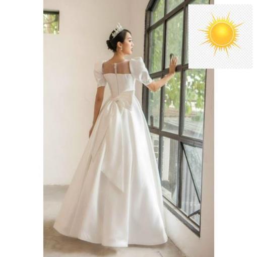Đầm váy dạ hội cô dâu đi bàn, form maxi xòe, phối nơ lưng, tay phồng nhẹ, kết hoa thêu sang trọng
