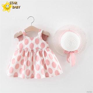 Set đầm 2 dây và nón chấm bi dễ thương cho bé gái