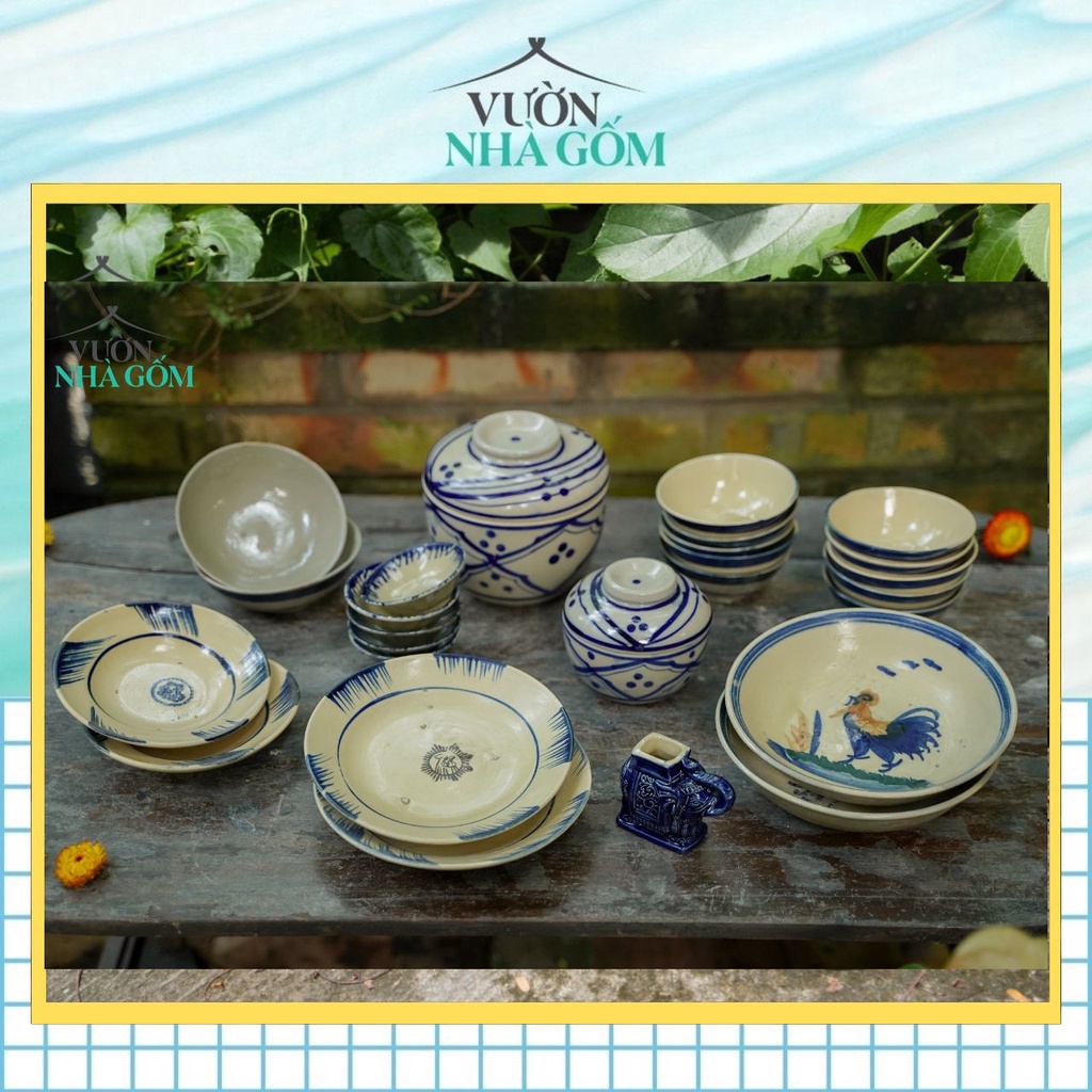 Bộ set chén bát dành cho gia đình tông màu xanh dương (chỉ có giá 410k), chén bát gốm nam bộ xưa - Vườn Nhà Gốm