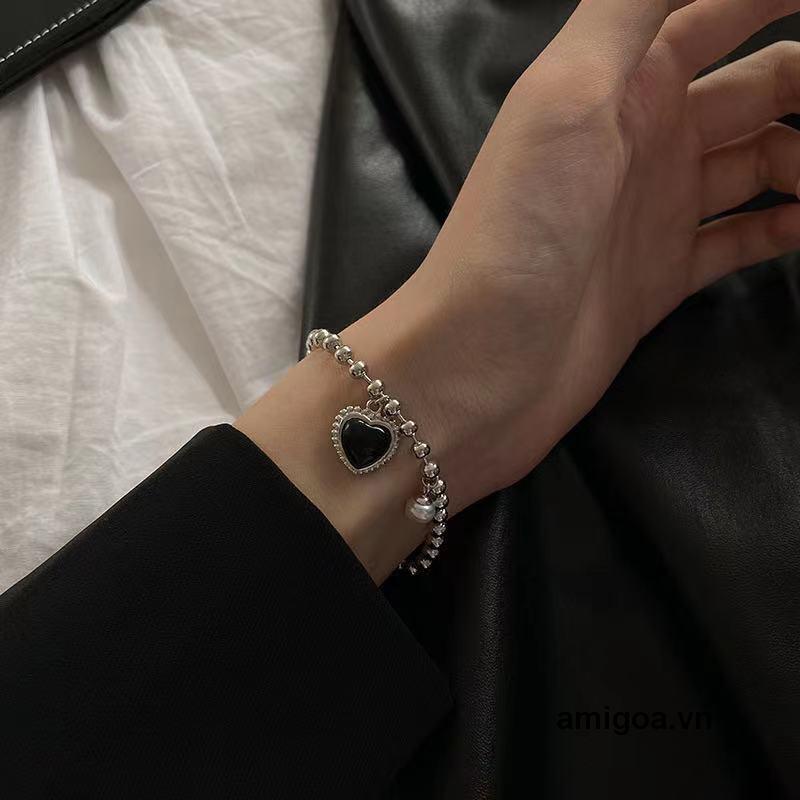 ✨✨Vòng tay chuỗi hạt phối mặt hình trái tim màu đen phong cách cổ điển hợp thời trang cho nữ