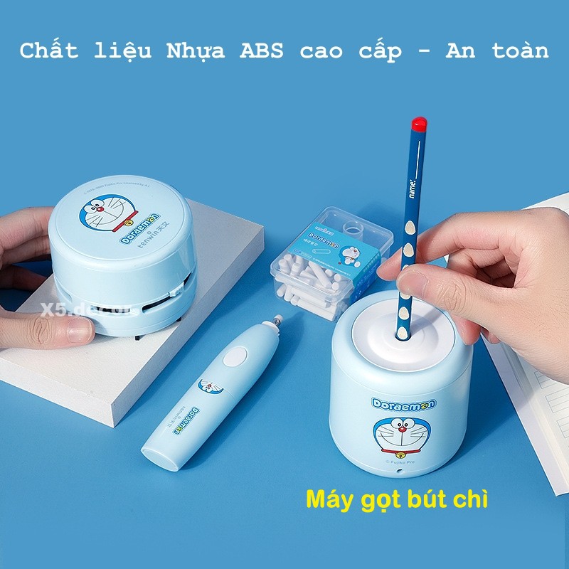 Bộ Đồ Dùng Học Tập Cute Thông Minh Doraemon An toàn - Máy gọt bút chì, Máy tẩy xóa, Máy hút rác vụn - BH 12 tháng