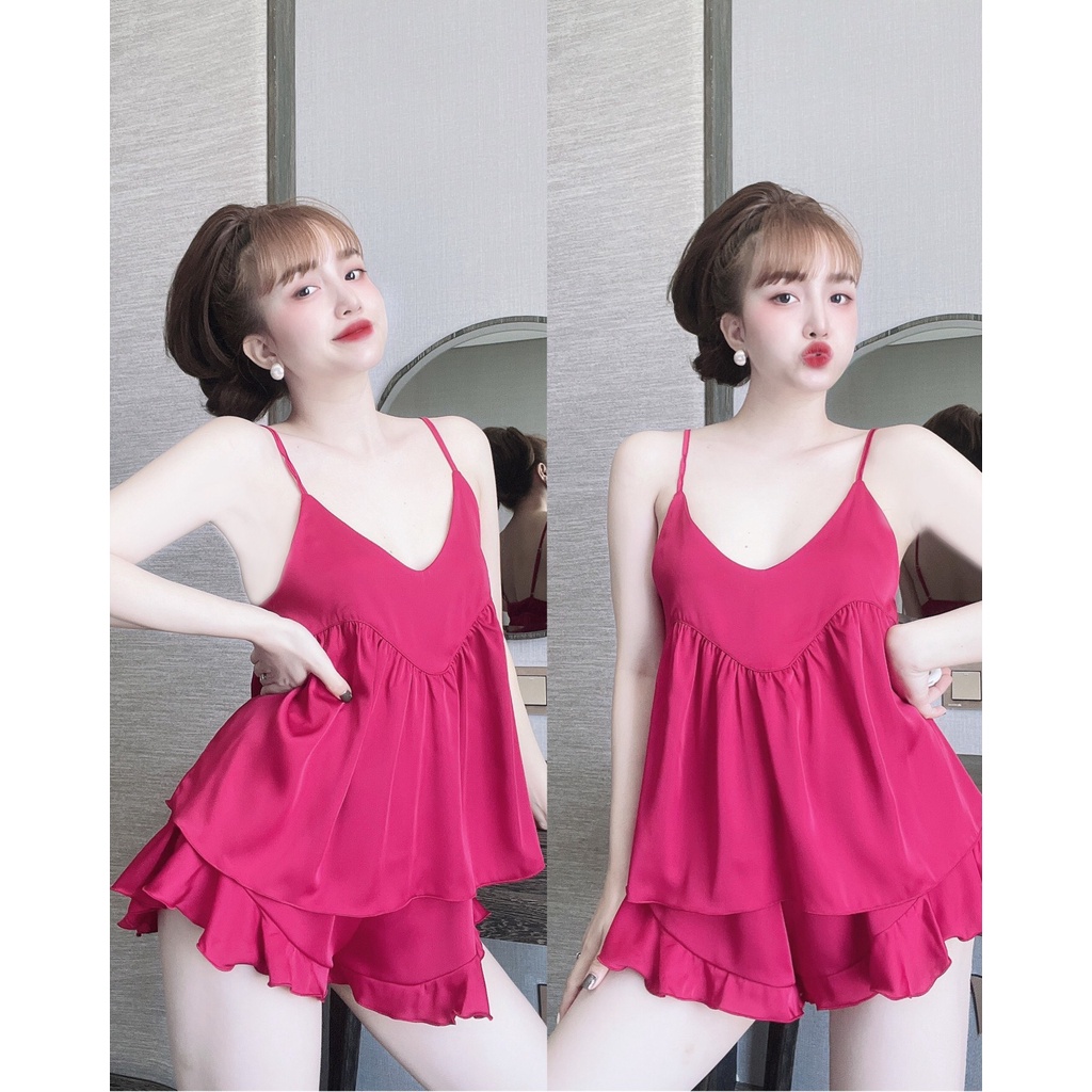 Đồ Ngủ Sexy Nữ, Bộ Ngủ Nữ Chất Satin Màu Trơn 2 Dây Freesize 40-68Kg