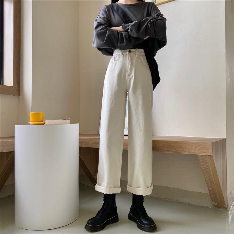 Quần Jeans Nữ Màu Trắng Sữa Dáng Ống Suông Unisex Cạp Cao Phong Cách Ulzzang Hàn Quốc Chất Loại Đẹp