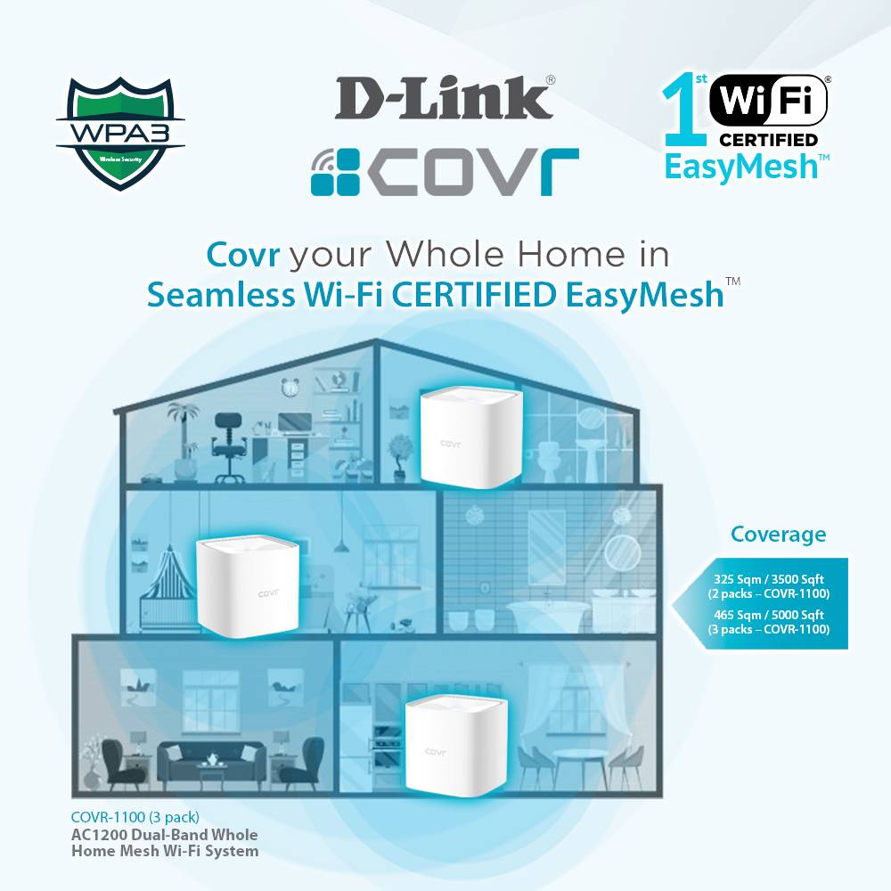 D-LINK COVR-1100-3 (3-Unit) Gigabit - Bộ phát Wi-fi Mesh băng tần kép chuẩn AC1200 Whole Home Mesh Gigabit