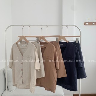 Set linen áo cài cúc cổ V kèm shorts lửng cạp lưng chun chất mềm