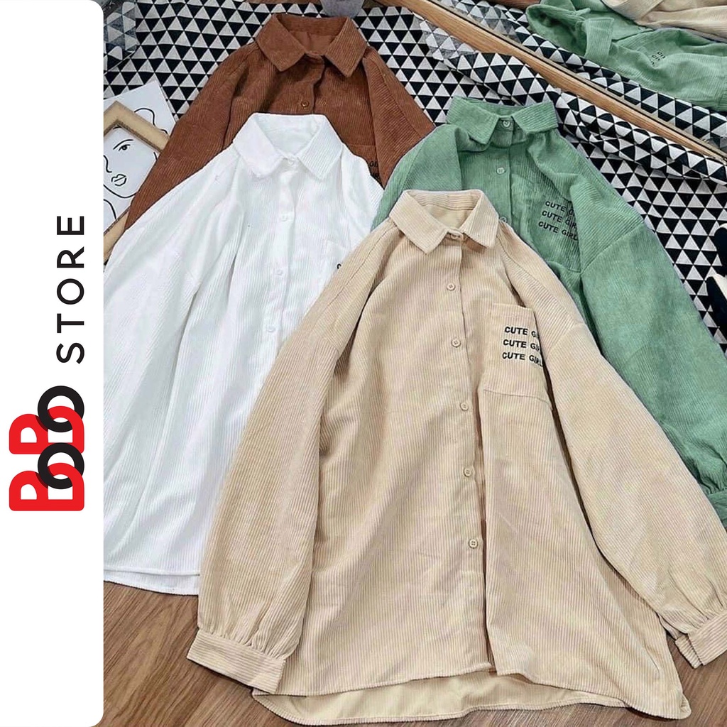 Áo khoác sơ mi nhung tăm có túi oversize dành cho nữ thêu chữ cute girl - BoBo Store