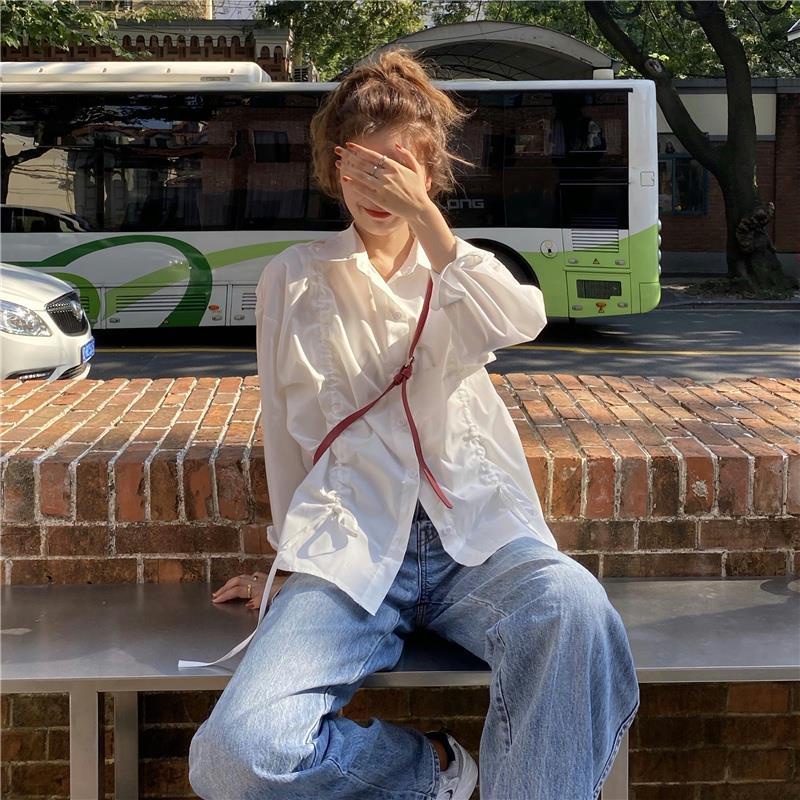 Áo Sơ Mi Trắng Dài Tay Thiết Kế Dây Rút Thời Trang Mùa Xuân Mới Cho Nữ 2022