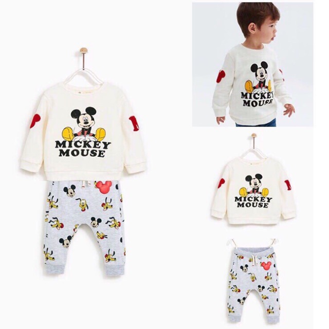 Bộ nỉ da cá trắng Zara hoạ tiết chuột Mickey