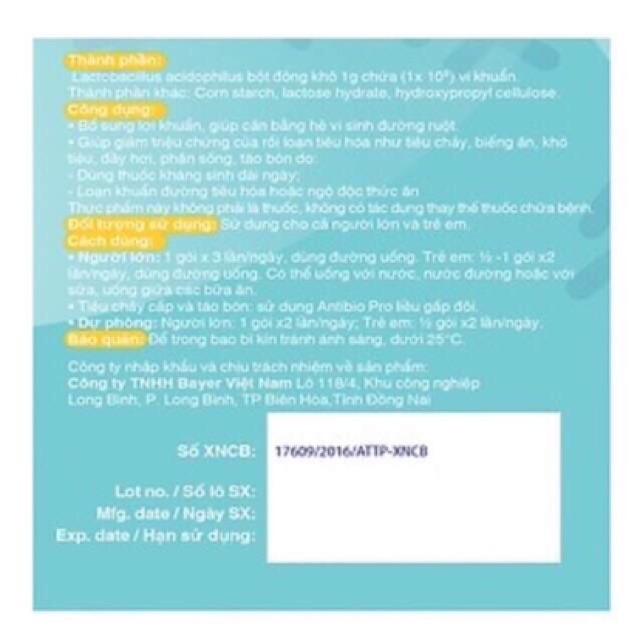 Men vi sinh Antibio Pro 1g (Hàn Quốc)(hàng chính hãng Bayer nhập khẩu)(hộp 100gói)