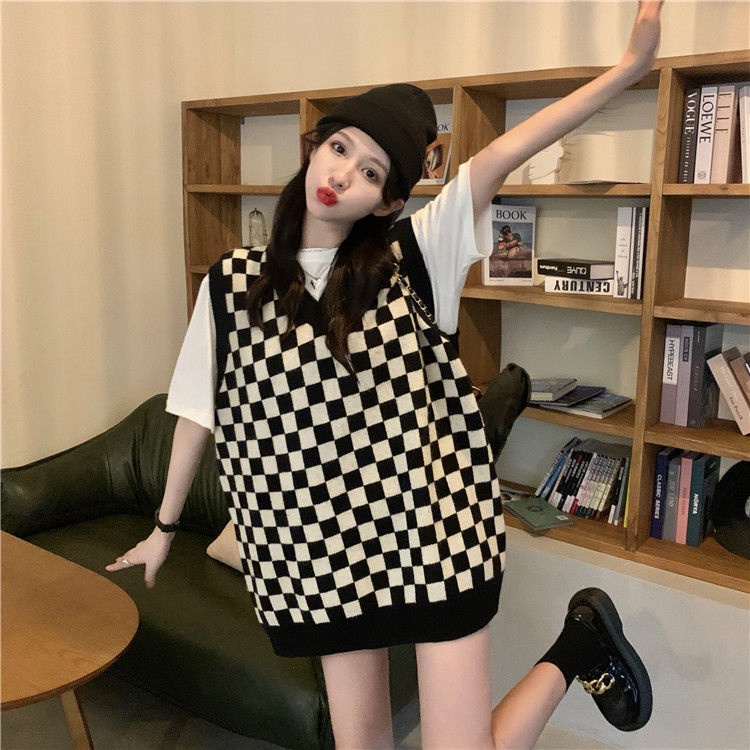 Áo sweater không tay cổ chữ v dáng rộng họa tiết caro phong cách Hàn Quốc cho nữ | BigBuy360 - bigbuy360.vn
