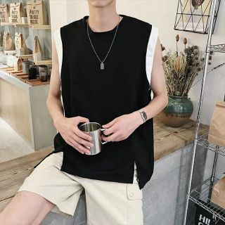 Áo tank top unisex nam nữ gấu xẻ phối tay trắng