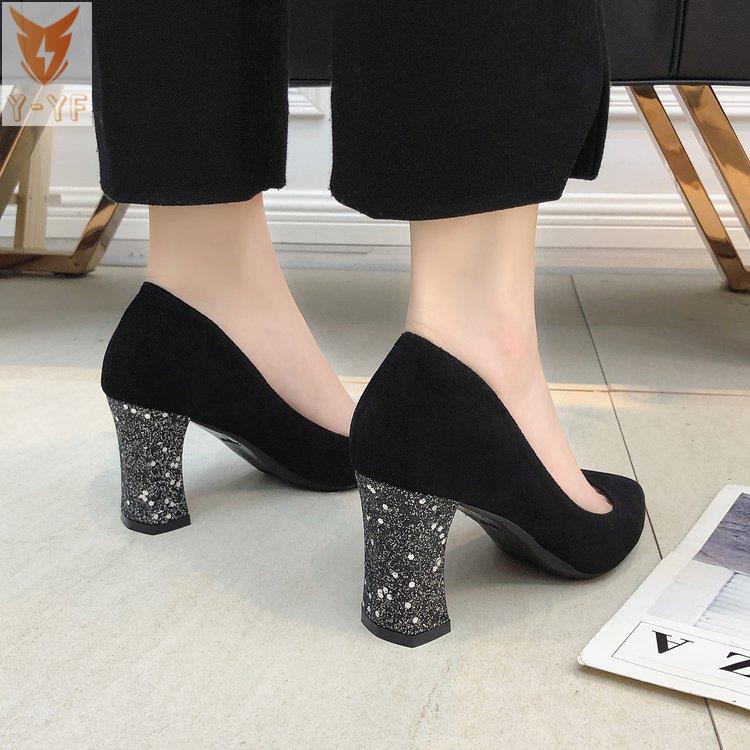 [High quality]Shoes women spring 2021 new thick heel high heels suede sequins sexy pointed toe women's single shoes shallow mouth women's shoes