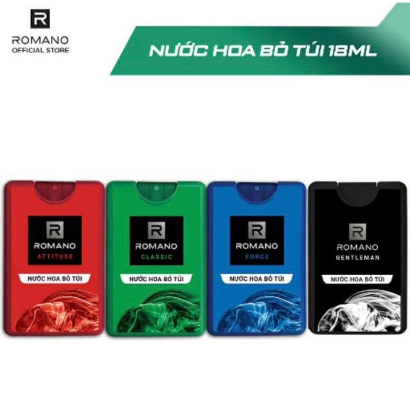 NƯỚC HOA BỎ TÚI ROMANO TIỆN LỢI 4 MÙI HƯƠNG 18ML