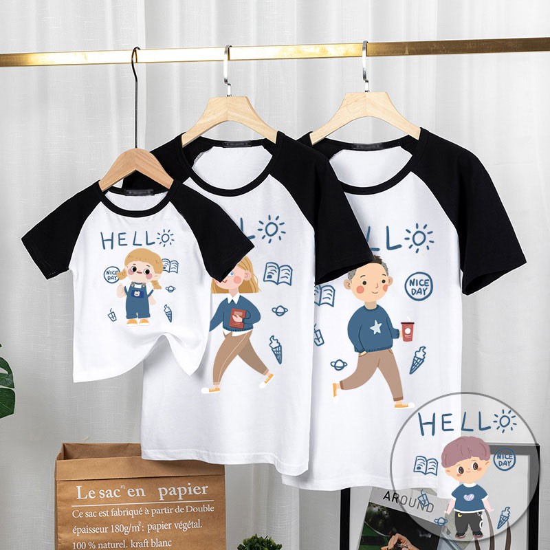 áo gia đình Familylove - đồ gia đình Hello sách vỡ form rộng phối tay chất cotton 100 co giãn loại 1