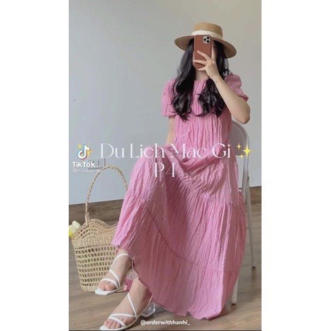 Đầm  xốp nhăn dập ly dọc váy tay bồng nhiều màu