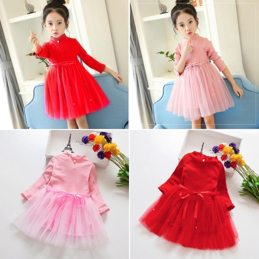 Váy bé gái tay dài cổ trụ đính hạt ngọc