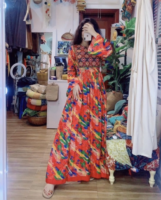 ĐẦM MAXI THỔ CẨM BOHO PHỐI POMPOM
