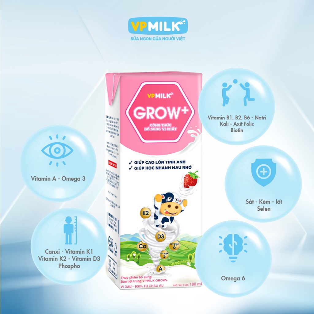 Sữa tiệt trùng VPMilk Grow+ vị dâu/vị chuối 180ml (thùng 48 hộp)