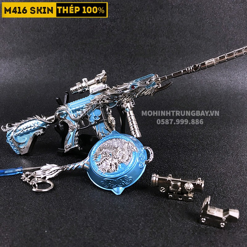 Mô Hình PUBG Combo M416 Skin Rồng Xanh Và Chảo Skin Rồng Tặng Kèm 3 Scope Và Kệ Trưng Bày 19cm