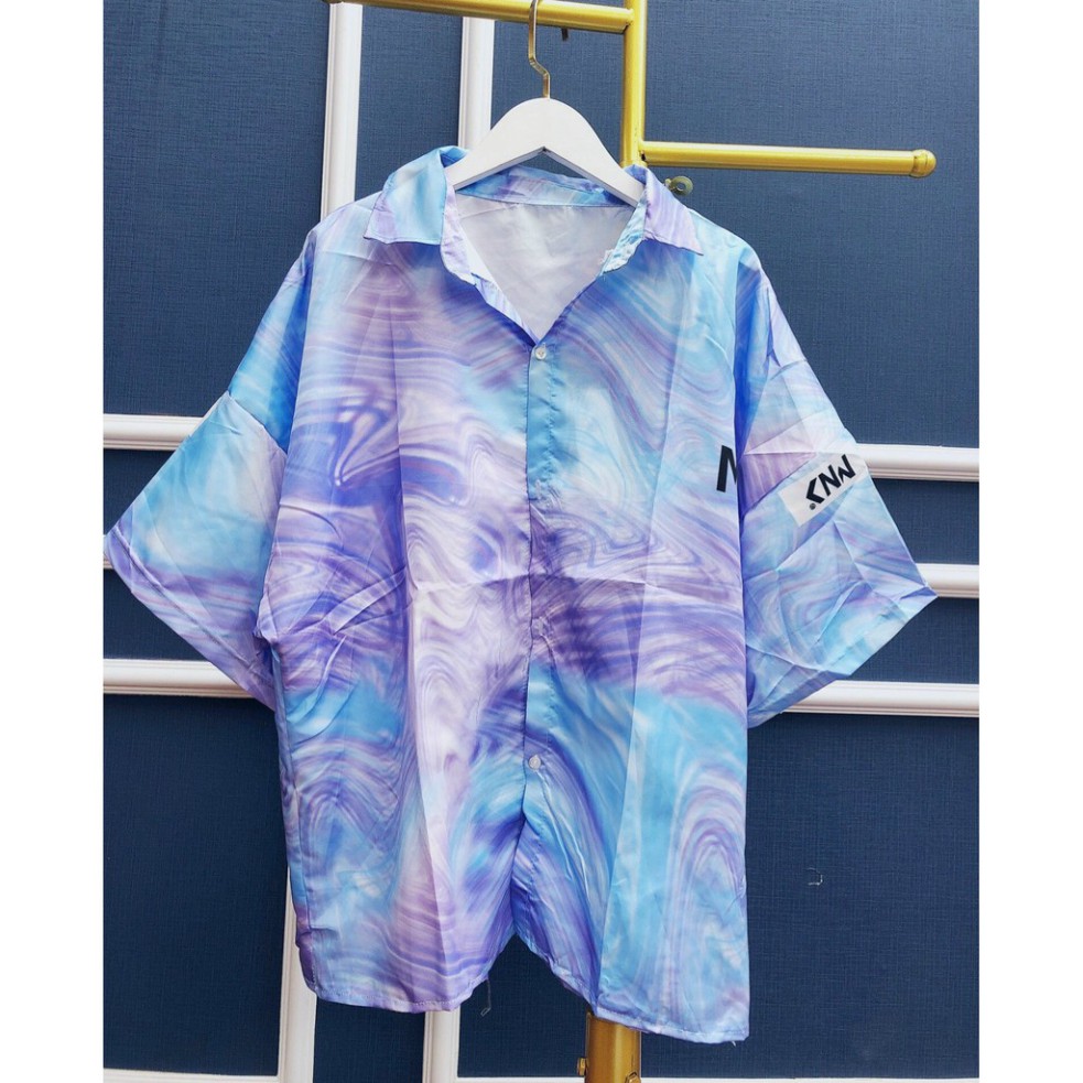 ÁO CỔ BẺ CỘC TAY NAM NỮ LOANG MYN DÁNG SƠ MI phom thụng ulzzang/ Áo sơ mi họa tiết chữ trẻ trung cá tính MÀU XANH HOT