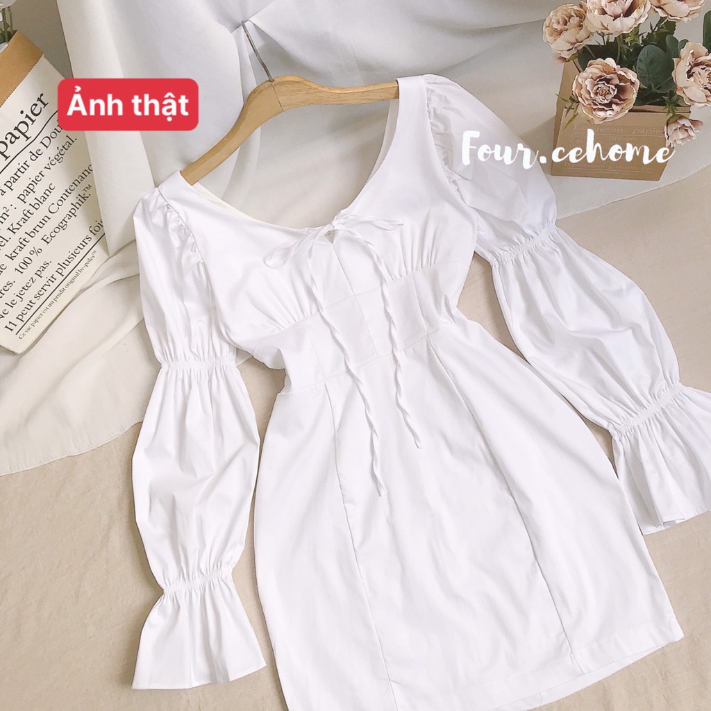 Đầm trắng tay nhún nơ nhỏ nhắn