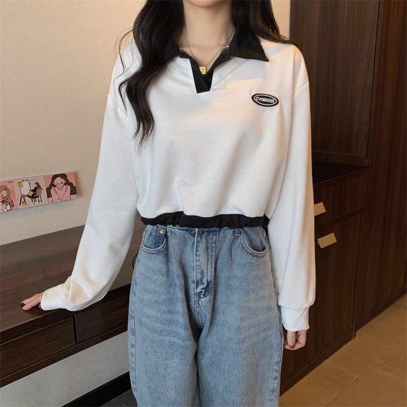 【ZHELIHANGFEI】Áo Thun Dài Tay Cổ Bẻ Phối Dây Rút Eo Cao Thời Trang