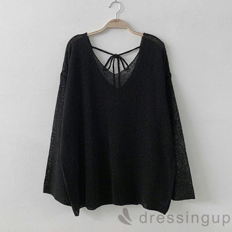 DRE-Female Loose Tops, Solid Color V-Neck Long Sleeve Tie-Up Knitted Blouse Pullover for Spring Summer, White/Black