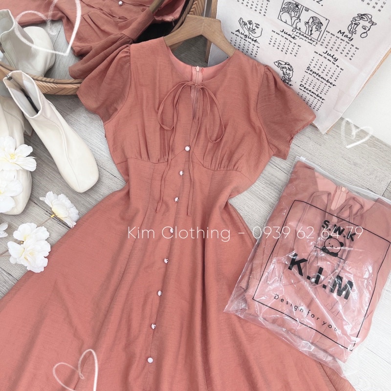 [Hàng sẵn - Hình thật] Đầm nơ ngực nút ngọc tay tiên dáng midi xoè thanh lịch