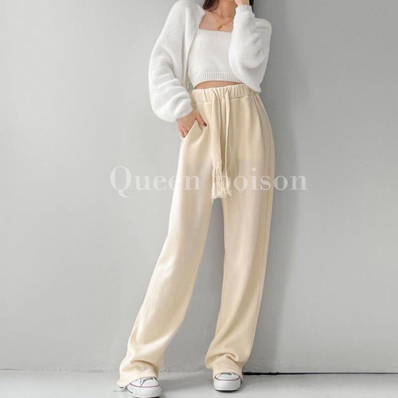 [NEW] Quần Ống Rộng Thun Tăm Xuất Hàn Lưng Cao Cạp Chun Dây Rút Dáng Suông Dài Quần Cullottes Ống Suông Co Giãn Vải Mềm