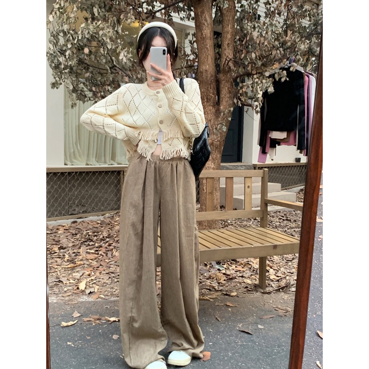 Áo cardigan ZHELIHANGFEI dệt kim tay dài lưng cao thiết kế tua rua phong cách thời trang