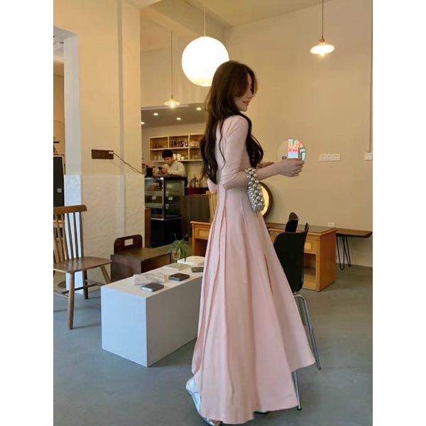 Đầm thun dáng dài có tay màu hồng nude viền ngược cách điệu phong cách tối giản Hàn Quốc