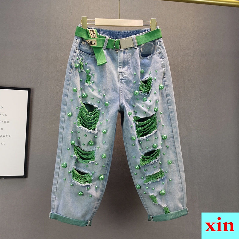 Quần Jean Dáng Rộng Lưng Cao Phối Rách Đính Ngọc Trai Giả Phong Cách Châu Âu Thời Trang Mùa Hè Hàng Mới 2022 Dành Cho Nữ