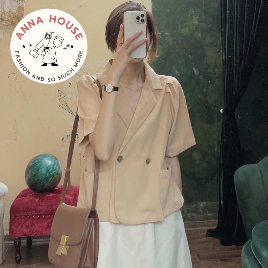 Áo blazer nữ ngắn tay bồng dáng croptop trơn nhiều màu, Áo blazer nữ tay ngắn form Croptop rộng cúc ngang túi hộp