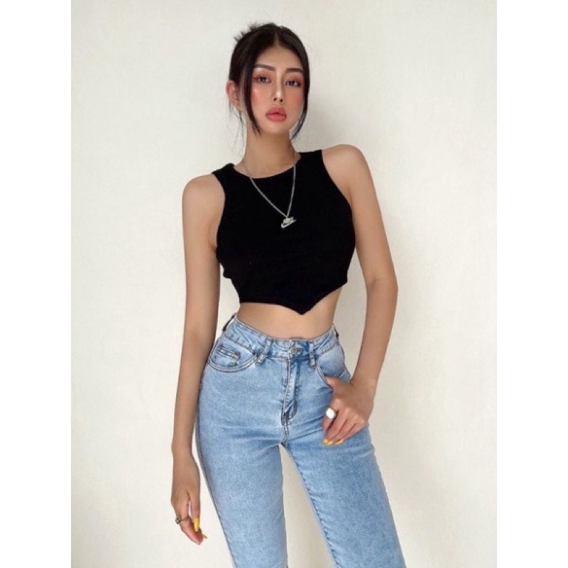 Áo thun ba lỗ croptop lai nhọn chất len tăm dày dặn co giãn-A12