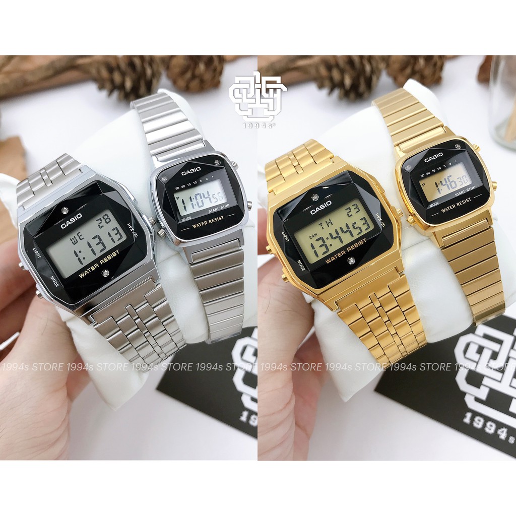 Đồng hồ cặp Casio A159WAD-1 / LA670WAD-1 / A159WGED-1 / LA670WGAD-1 đính kim cương, chống nước 50m, hàng chính hãn
