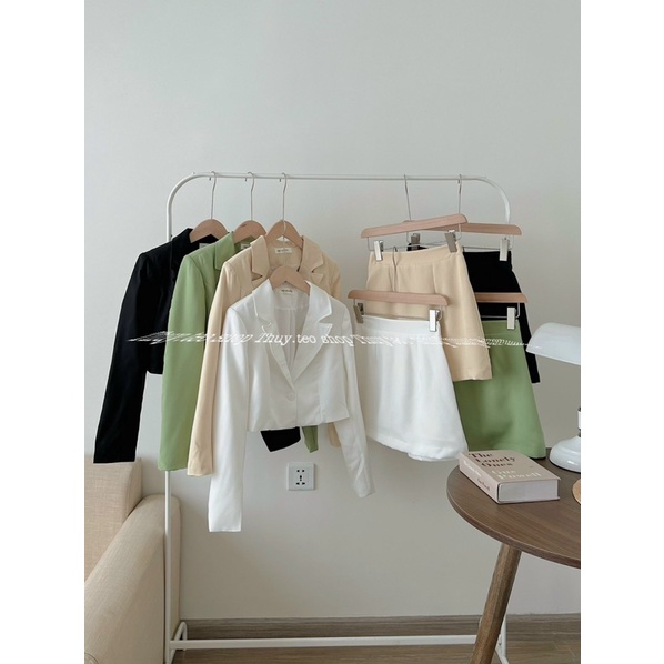 [Hàng sẵn] SET ÁO BLAZER CROPTOP KÈM CHÂN VÁY CHỮ A CÓ CHUN LƯNG SAU
