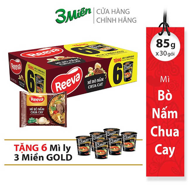 Thùng Mì Gói Reeva Bò Nấm Chua Cay 85g x 30 gói [Tặng kèm thêm 06 Mì Ly 3 Miền Gold Tôm Chua Cay Đặc Biệt]