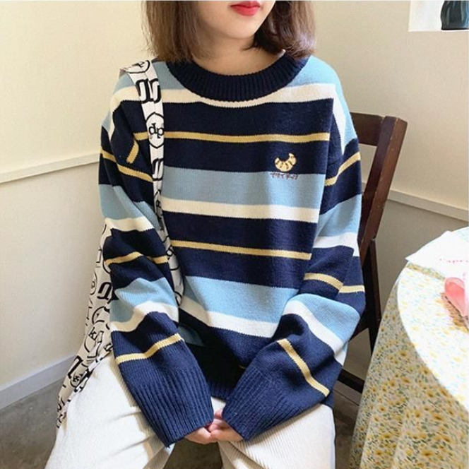 Áo Sweater Dáng Rộng Họa Tiết Kẻ Sọc Phối Màu Độc Đáo Phong Cách Hàn Quốc Cho Nữ