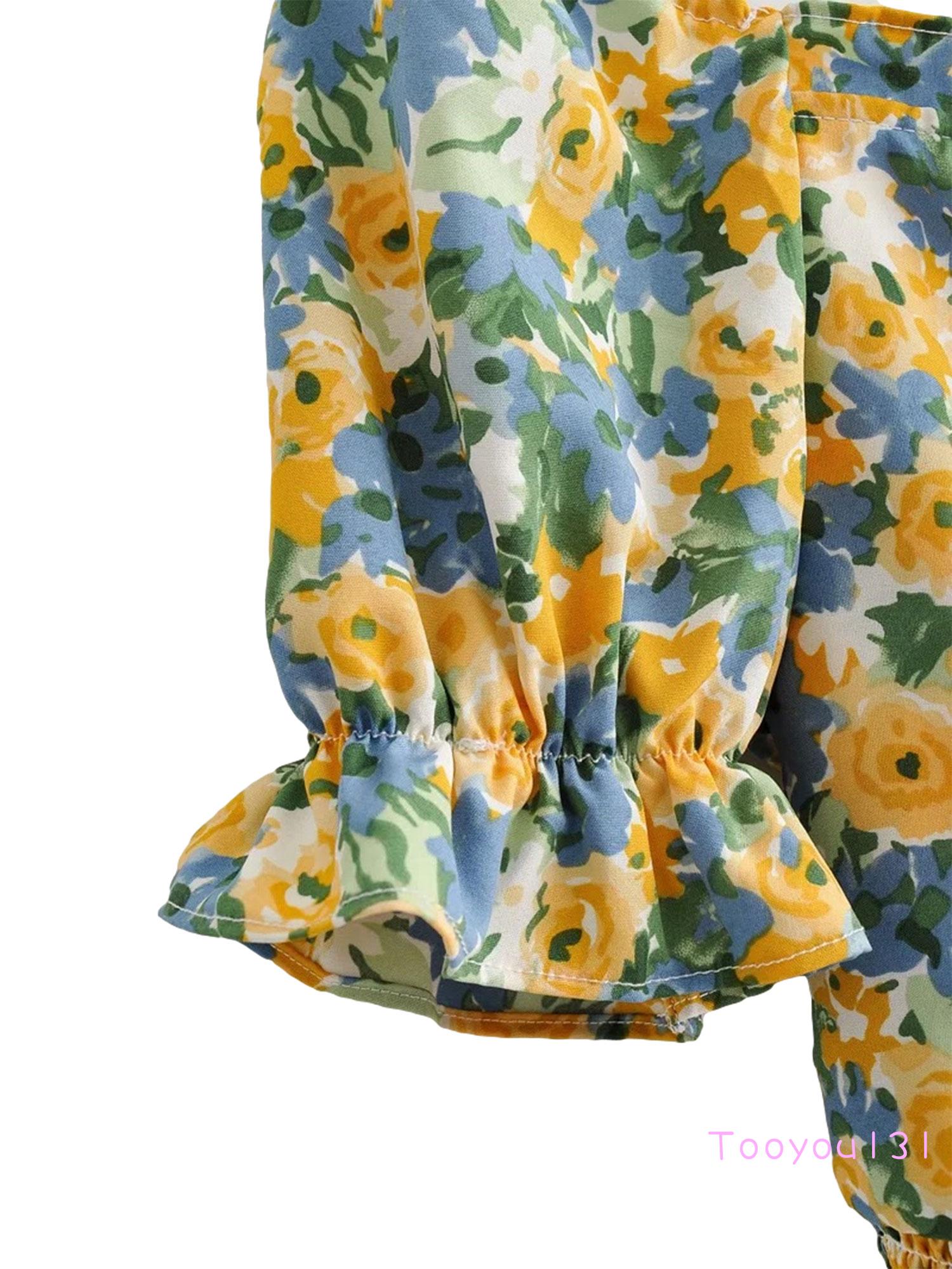 Ern-Female Crop Tops, Sunflower Print Square Neck Short Sleeve Pullover Short Shirt for Summer, S/M/L | BigBuy360 - bigbuy360.vn