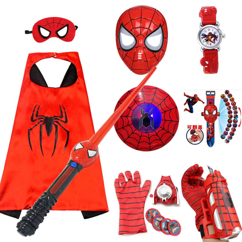Marvel Superhero Spiderman Cosplay Cloak Glowing Mask Halloween Children Cartoon Anime Launcher Glove Watch Set for Kids Gifts