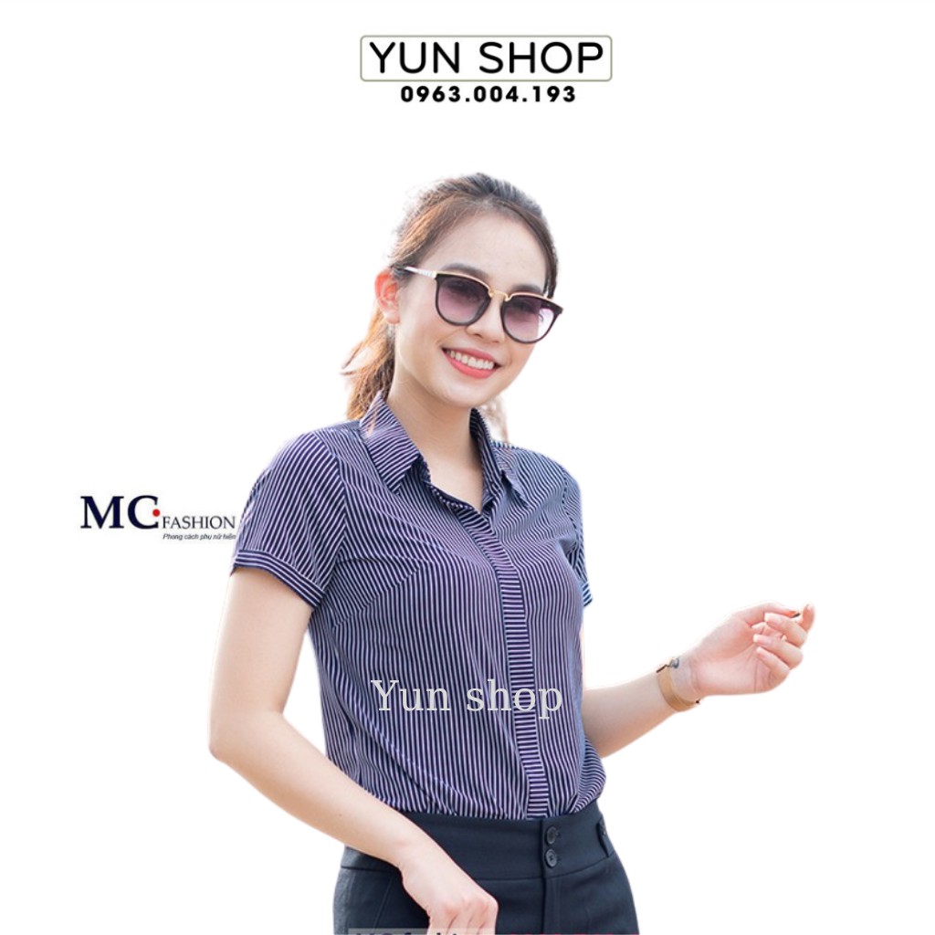 Áo Sơ Mi Nữ - Áo Sơ Mi Công Sở Họa Tiết Kẻ Sọc Cộc Ngắn Tay MC Fashion A631 Màu Tím Than