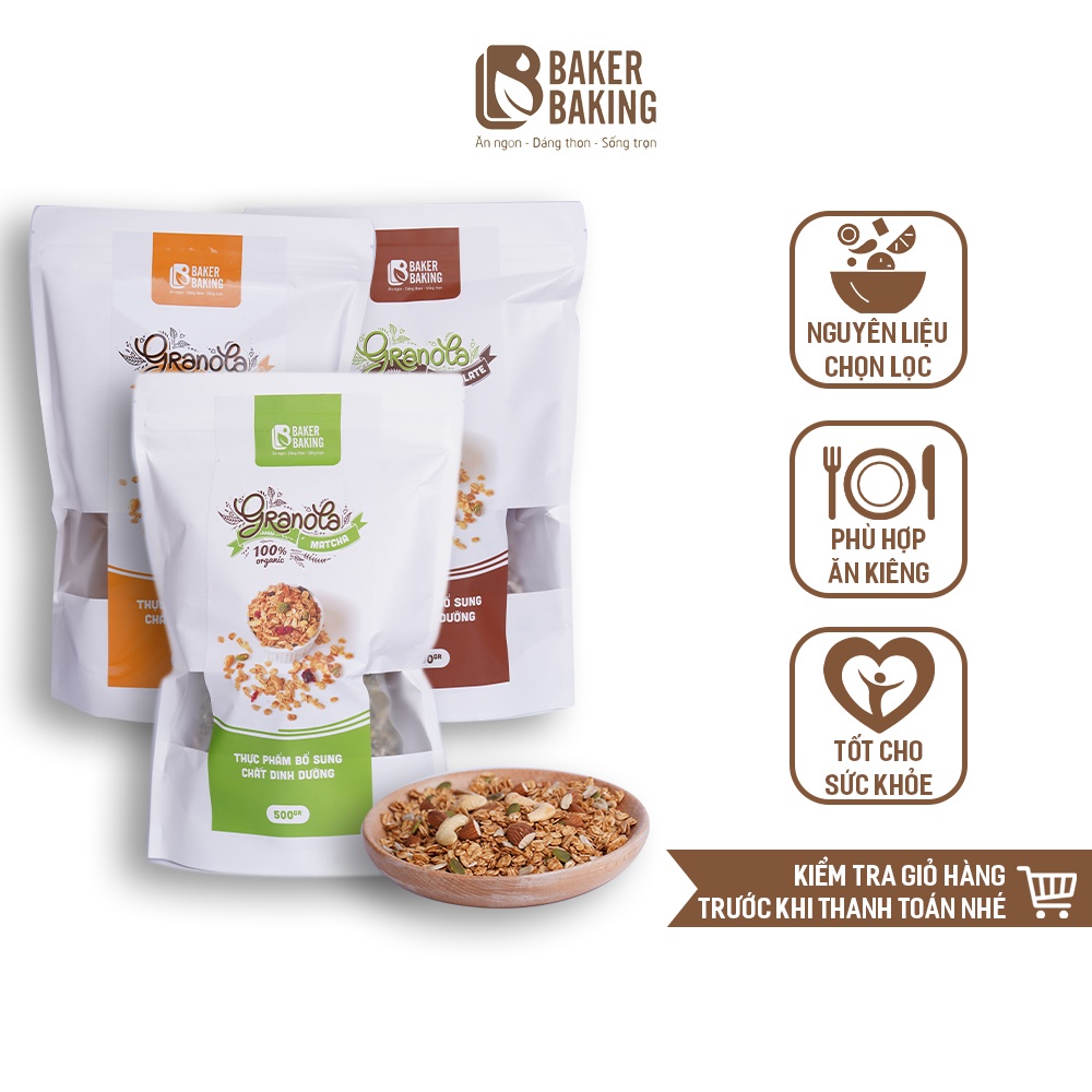 Ngũ cốc Granola Baker Baking không đường, không chất bảo quản dành cho người ăn kiêng, tiểu đường, eatclean 500g