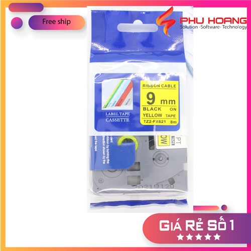 Nhãn in TZ2-FX621, Khổ rộng 9mm, chữ đen nền vàng, siêu dẻo, bám dính cao, chống thấm nước