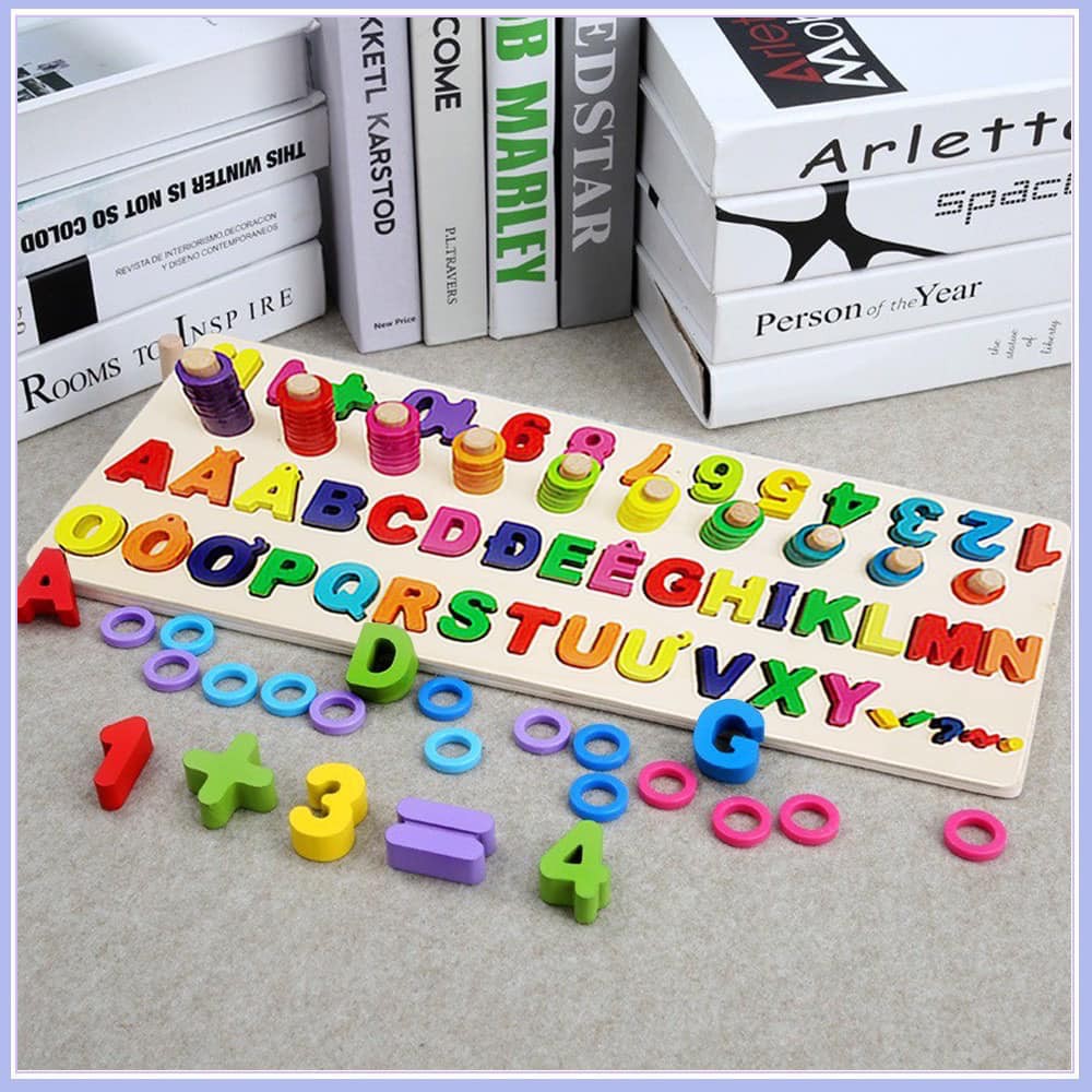 CÓ SẴN - Bộ đồ chơi gồm: chân đế trên đó có gắn 10 cọc, mỗi cọc có vòng đếm bằng gỗ tương ứng với số 1-10