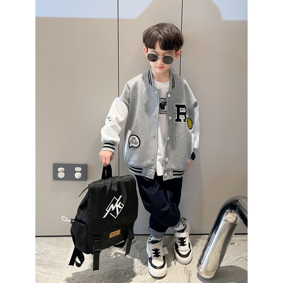 Áo khoác bé trai 14-45kg, áo bomber bé trai 4-15 tuổi mẫu chữ R chất nỉ cao cấp, 2 màu đen và xám.BOMBERR688