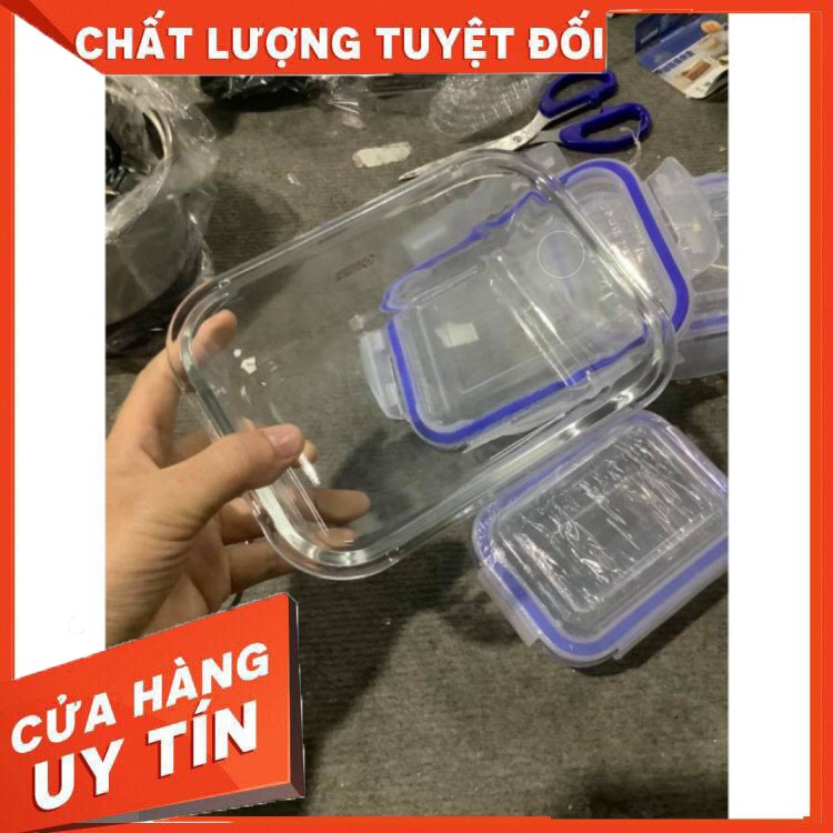 [ Hàng Chính Hãng ] Bộ 3 hộp đựng cơm thủy tinh hình chữ nhật dùng được lò vi sóng (370 + 640 + 1040ml)