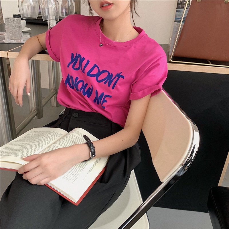 Áo Thun cotton Tay Ngắn Cổ Tròn In Chữ Phong Cách Hàn Quốc Thời Trang Cho Nữ