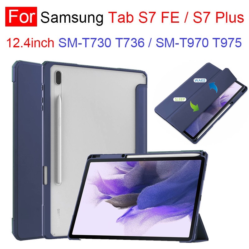 Ốp máy tính bảng da + Acrylic siêu mỏng kèm ngăn đựng bút cho Samsung Tab S7FE 12.4inch T730 T736 S7 FE 2021 Tab S7 Plus T970 T975