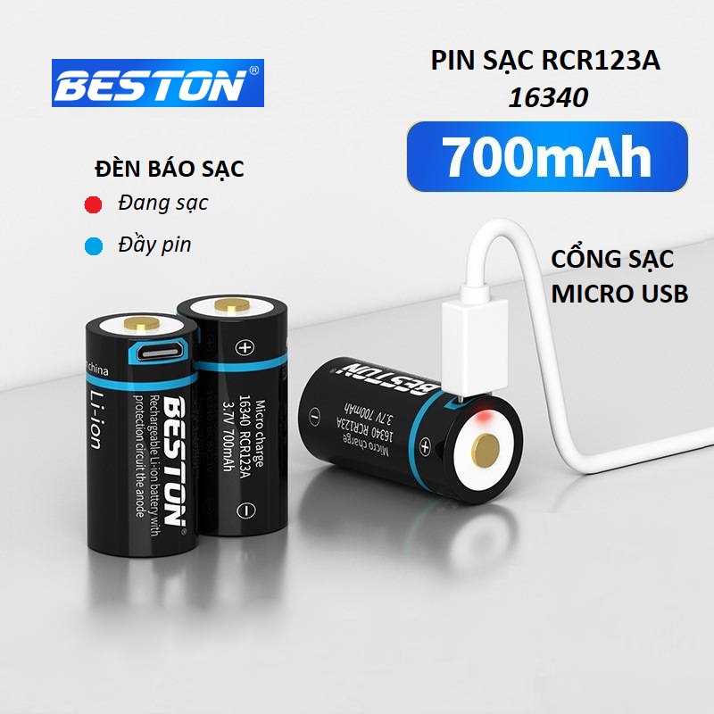 Pin sạc RCR123A 16340 Beston 2600mWh Lithium-ion cổng micro USB kèm cáp cho camera, máy ảnh, thiết bị đo, ống nhòm